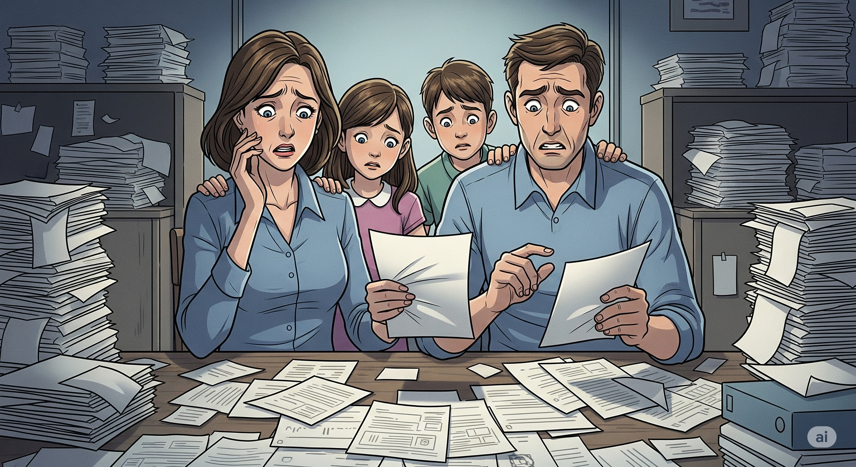 Illustration of a family looking worried, surrounded by documents