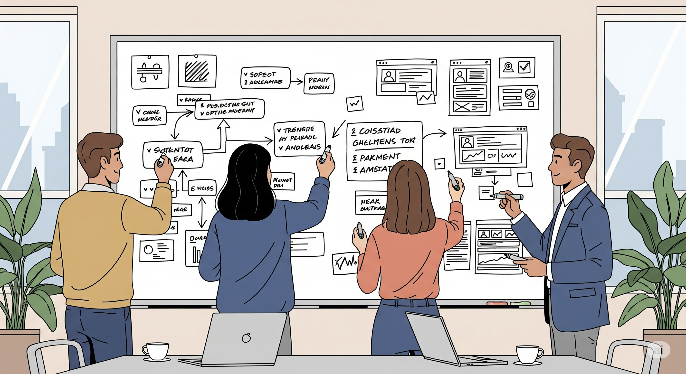 Illustration of a team sketching out features on a whiteboard
