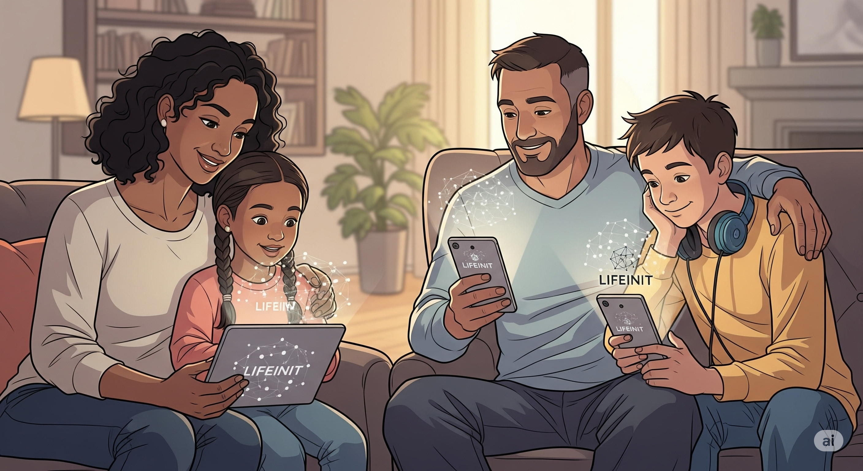 Illustration: The Johnson family feeling secure and connected, looking at the LIFEINIT app on their devices