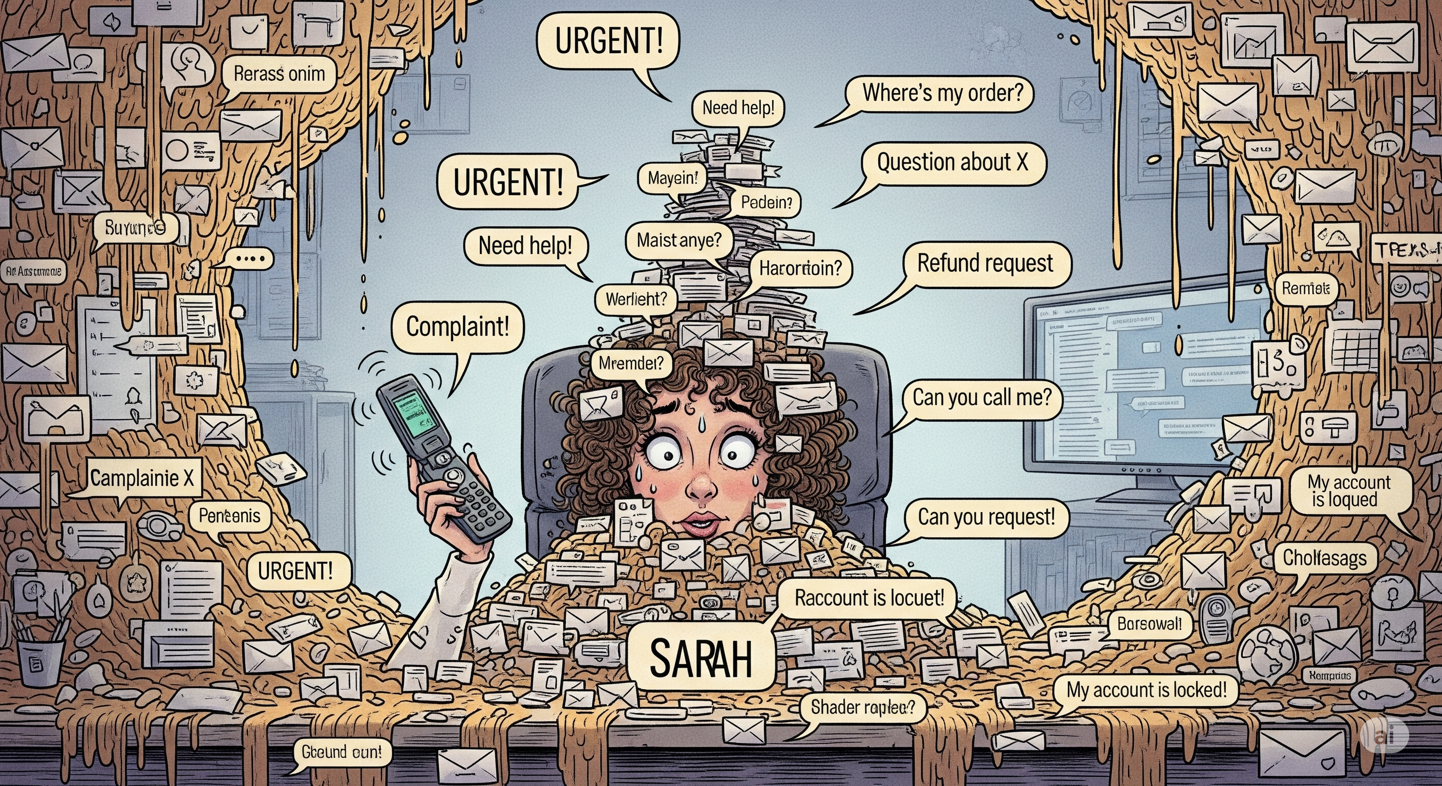 Illustration: Sarah overwhelmed by customer messages