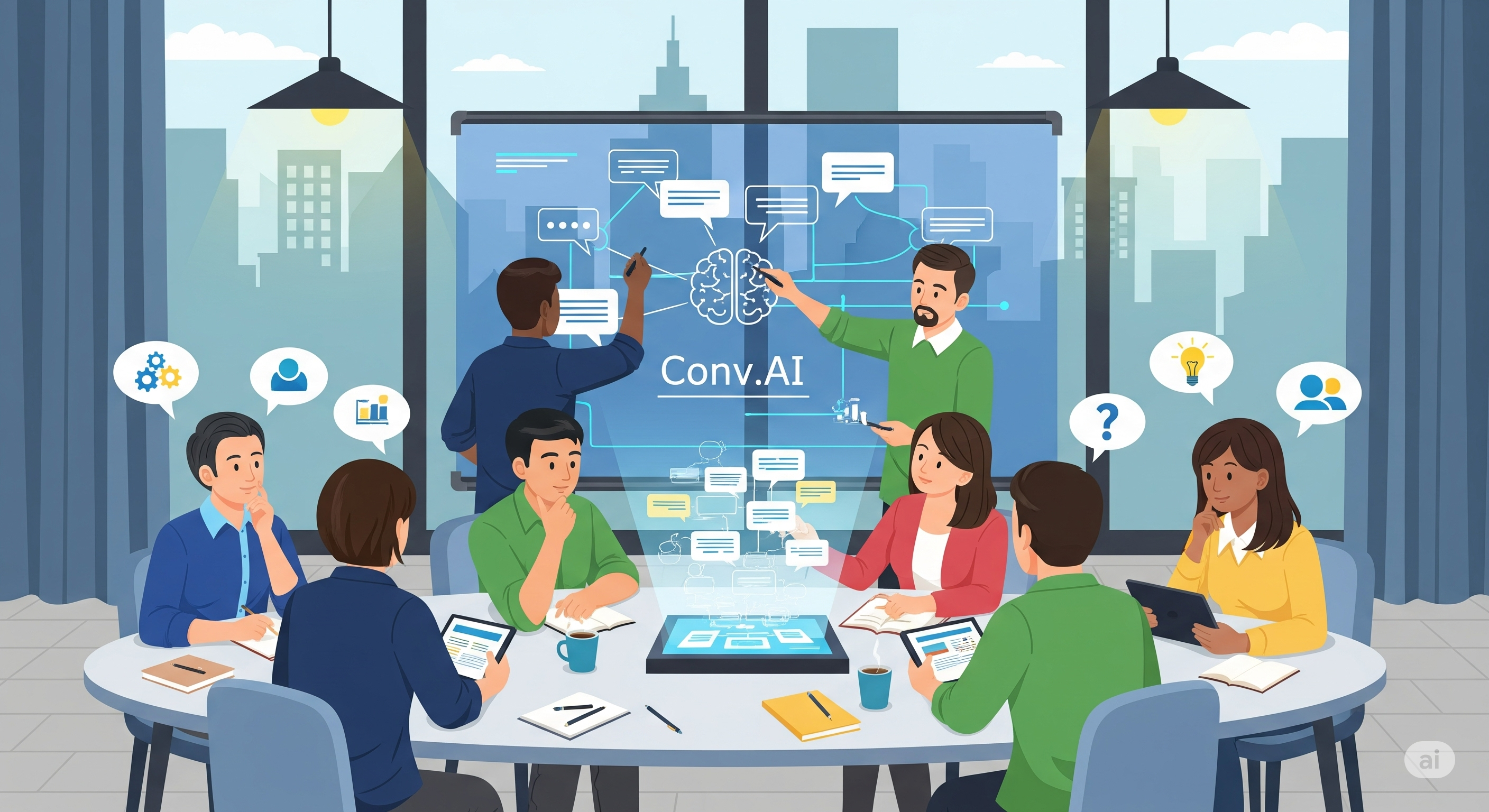 Illustration: The MCS team brainstorming the concept of Conv.AI