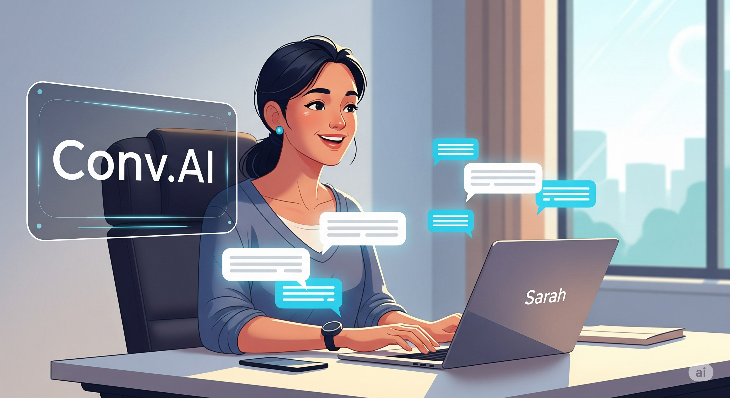 Illustration: Sarah happily working on her business, with Conv.AI handling customer queries in the background